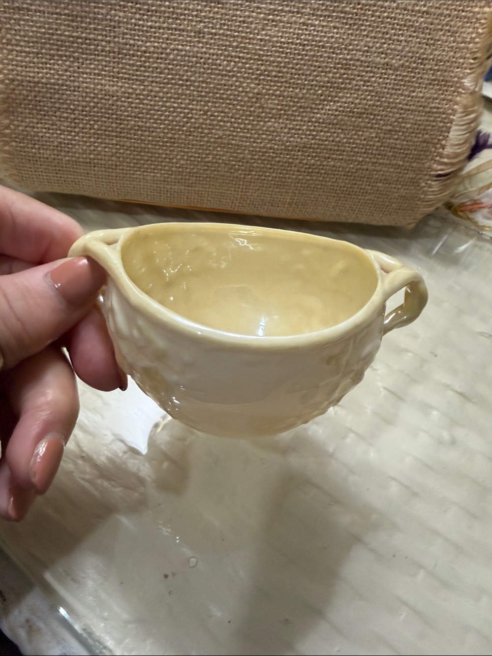 Belleek Cream Glazed Two-Handled Sugar Bowl